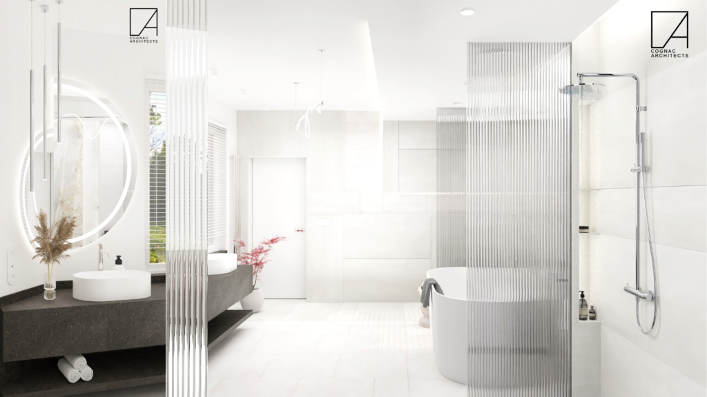 Projektowanie wnętrz Warszawa Cognac Architects jasne wnętrze łazienka nowoczesna piękna łazienka jasne płytki kamień we wnętrzach kamień w łazience minimalizm we wnętrzach styl minimalistyczny elegancki