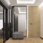 Projektowanie wnętrz Warszawa Cognac Architects architekt Warszawa elegancki wiatrołap przedsionek kolory ziemi nowoczesne wnętrza domu kamień na ścianie