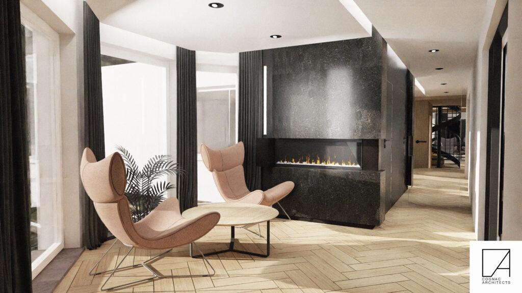 Projektowanie wnętrz Warszawa Cognac Architects architekt Warszawa elegancki wiatrołap przedsionek kolory ziemi nowoczesne wnętrza domu sztukateria kominek luksusowe wnętrza