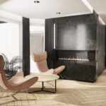 Projektowanie wnętrz Warszawa Cognac Architects architekt Warszawa elegancki wiatrołap przedsionek kolory ziemi nowoczesne wnętrza domu sztukateria kominek luksusowe wnętrza