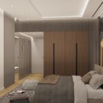 Projektowanie wnętrz Warszawa Cognac Architects architekt Warszawa elegancki wiatrołap przedsionek kolory ziemi nowoczesne wnętrza domu sztukateria