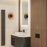 Projektowanie wnętrz Warszawa Cognac Architects architekt Warszawa elegancki wiatrołap przedsionek kolory ziemi nowoczesne wnętrza domu sztukateria łazienka dzieci