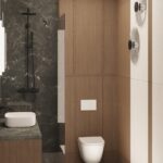 Projektowanie wnętrz Warszawa Cognac Architects architekt Warszawa elegancki wiatrołap przedsionek kolory ziemi nowoczesne wnętrza domu sztukateria łazienka master