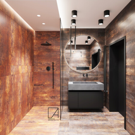 nowoczesna łazienka Projektowanie wnętrz Warszawa Cognac Architects minimalistyczna industrialnałazienka Projektowanie wnętrz DOBRY PROJEKT łazienki projektowanie wnętrz Warszawa architekt wnętrz architektura wnętrz dobry design ciemne industrialne wnętrza Projektowanie wnętrz Warszawa Cognac Architects industrialne wnętrze minimalizm we wnętrzach styl minimalistyczny elegancki
