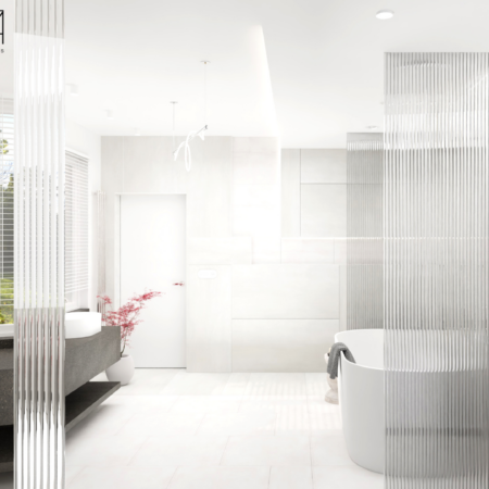 Projektowanie wnętrz Warszawa Cognac Architects jasne wnętrze łazienka nowoczesna piękna łazienka jasne płytki kamień we wnętrzach kamień w łazience minimalizm we wnętrzach styl minimalistyczny elegancki