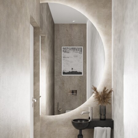 Projektowanie wnętrz Warszawa Cognac Architects architekt Warszawa elegancki wiatrołap przedsionek kolory ziemi nowoczesne wnętrza domu sztukateria kominek luksusowe wnętrza less is more surfer