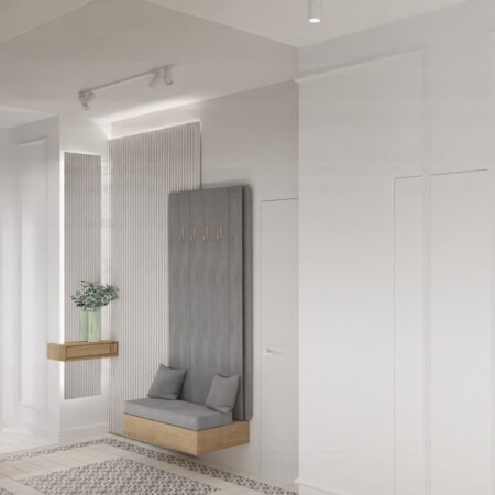 Projektowanie wnętrz Warszawa Cognac Architects architekt Warszawa elegancki wiatrołap przedsionek kolory ziemi nowoczesne wnętrza domu sztukateria