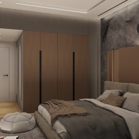 Projektowanie wnętrz Warszawa Cognac Architects architekt Warszawa elegancki wiatrołap przedsionek kolory ziemi nowoczesne wnętrza domu sztukateria męska sypialnia męski design ciemne wnętrza