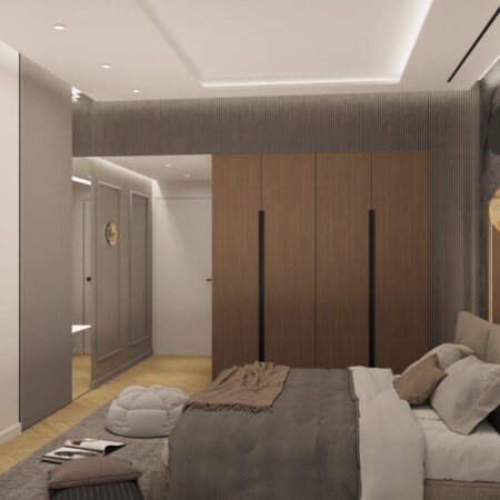 Projektowanie wnętrz Warszawa Cognac Architects architekt Warszawa elegancki wiatrołap przedsionek kolory ziemi nowoczesne wnętrza domu sztukateria