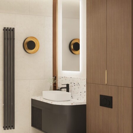 Projektowanie wnętrz Warszawa Cognac Architects architekt Warszawa elegancki wiatrołap przedsionek kolory ziemi nowoczesne wnętrza domu sztukateria łazienka dzieci